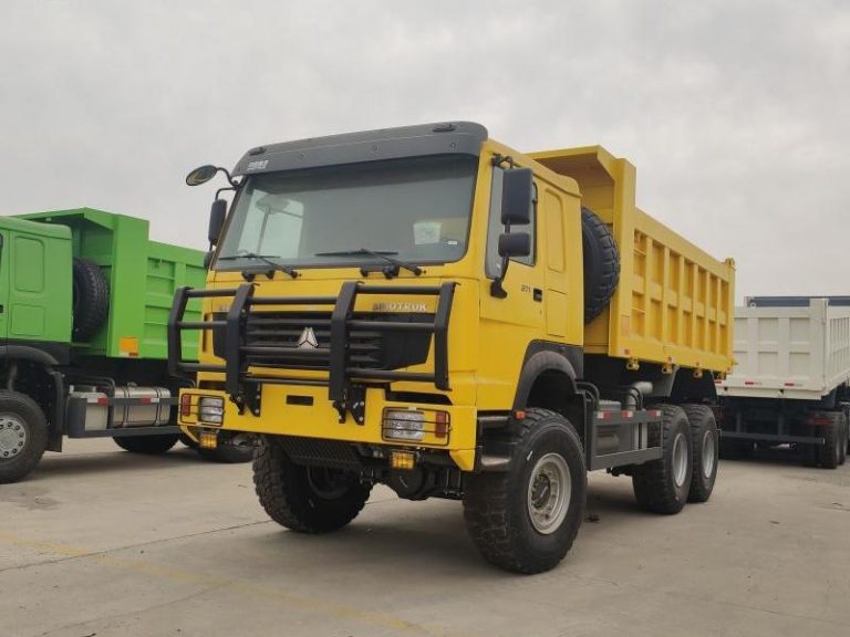Camión volquete amarillo HOWO 6X6 estacionado en un lote, mostrando su robusta parrilla delantera y faros con rejilla protectora.