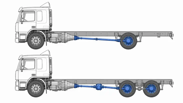 Conjunto del eje trasero de un tractor de alta resistencia que muestra disposiciones de ejes de transmisión simple y tándem, para diferentes clasificaciones GCW