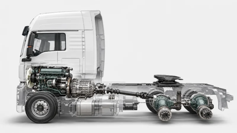 Perfil lateral de un SITRAK G7 6x4 motor principal que destaca el sistema motriz derivado de MAN que determina su precio