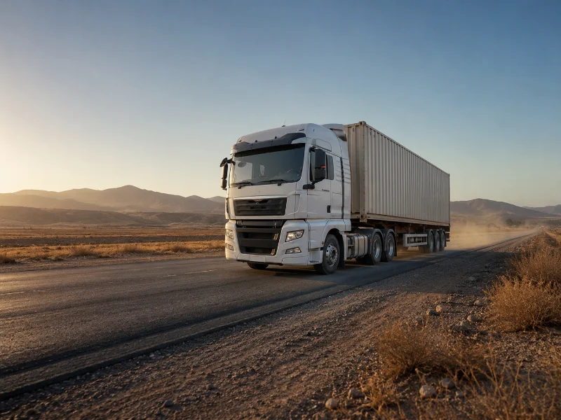 Tractor SITRAK 6x4 cargado arrastrando un remolque contenedor en una autopista de exportación en configuración Euro V