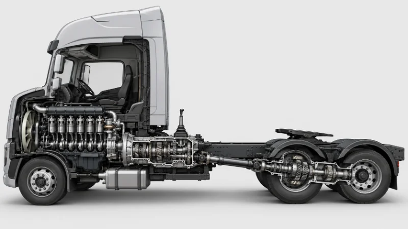 Corte de un sistema de transmisión Shacman X3000 mostrando motor, transmisión FAST y configuración trasero de eje motriz