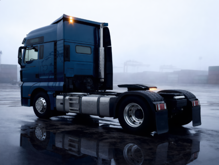 Camión tractor SITRAK C7H 6x4 con cabina dormitorio de techo alto montado en una terminal de exportación antes de la inspección previa al envío