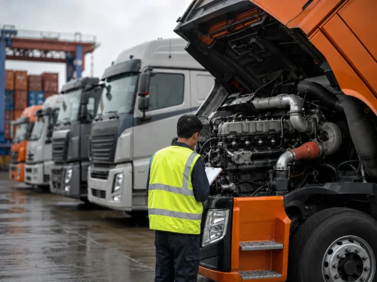 Unidades tractoras pesadas fabricadas en China en un astillero de exportación esperando revisiones de especificaciones del motor